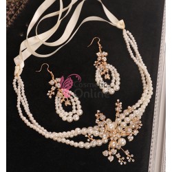 Colier cu cercei AS04DD Auriu cu cristale si perle